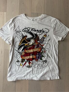 white ed hardy tee with rhinestone graphic